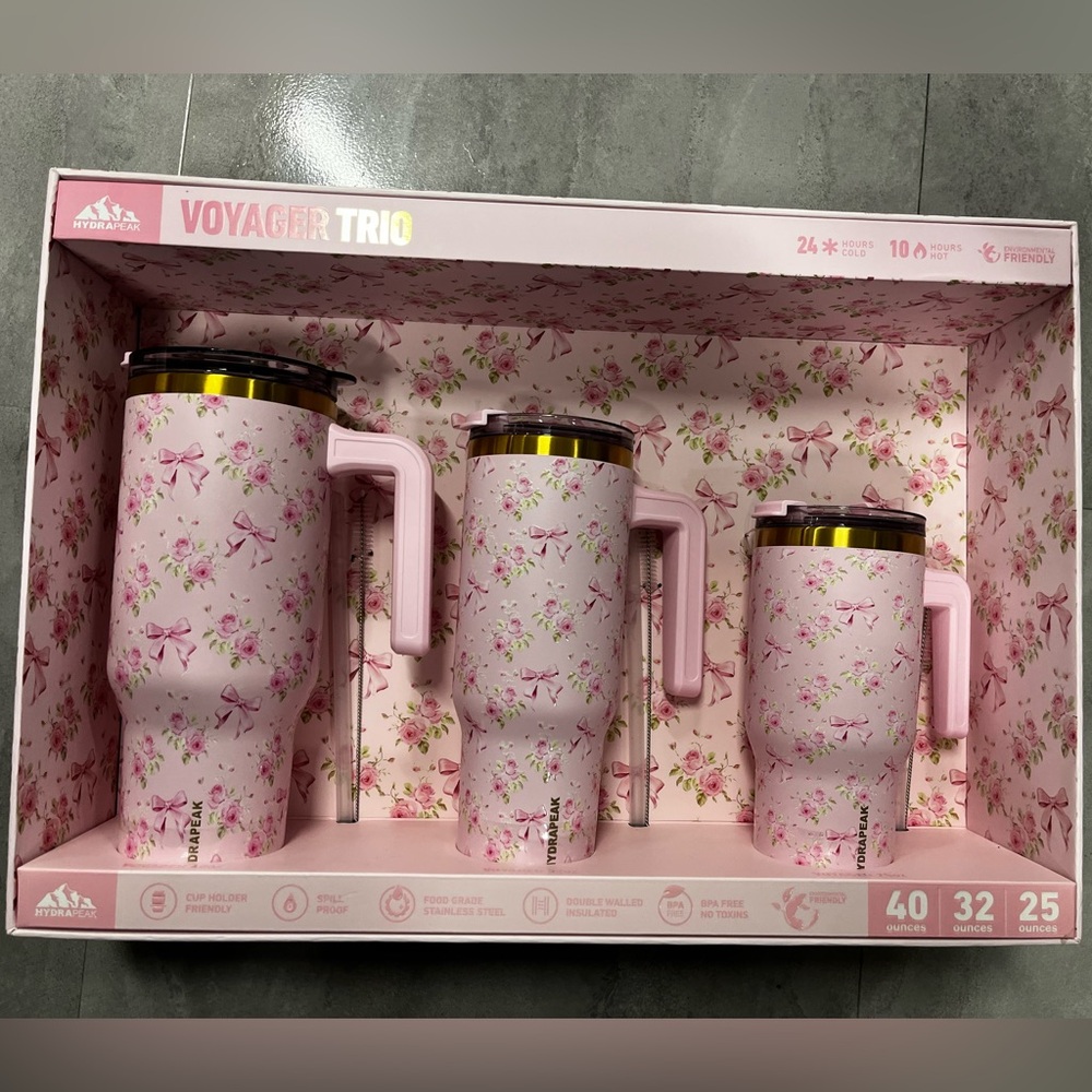 *NEW* Hydrapeak Voyager Trio Pink Ribbon Bow Rose Design Water Bottle Set